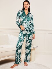 Lipsy Teal Blue Green Floral Printed Satin Long Sleeve Pyjamas - Image 3 of 4