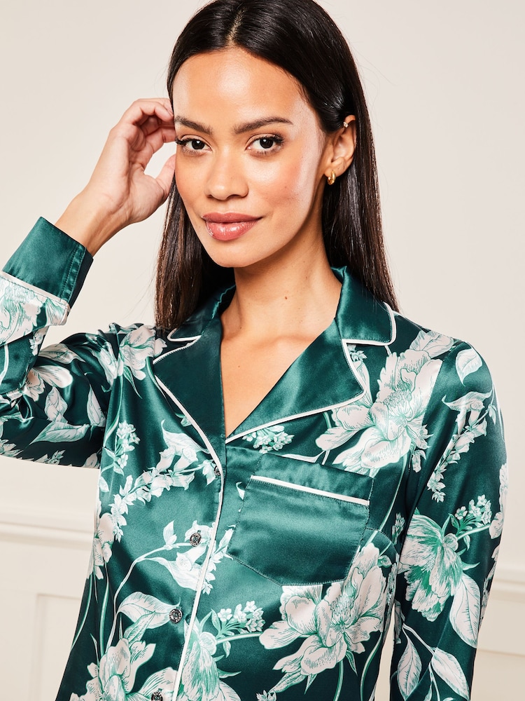 Lipsy Teal Blue Green Floral Printed Satin Long Sleeve Pyjamas - Image 4 of 4