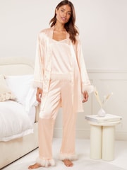 Lipsy Blush Pink Feather Satin Cami Pyjamas - Image 3 of 4