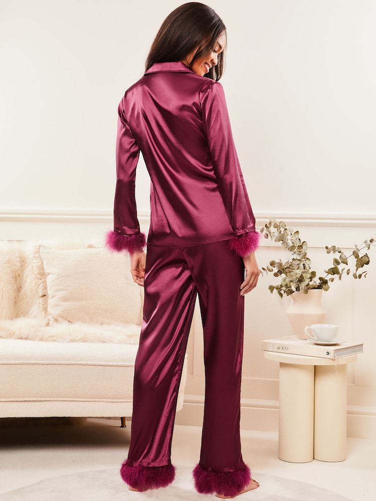 Lipsy Red Satin Feather Long Sleeve Shirt Pyjamas - Image 2 of 4 Lipsy Red Satin Feather Long Sleeve Shirt Pyjamas - Image 2 of 4
