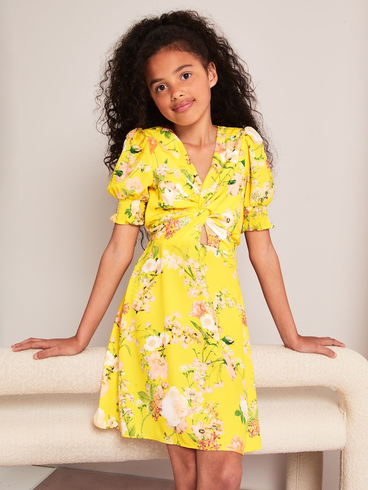 Lipsy Yellow Floral Knot Front Mini Dress - Image 1 of 4