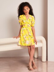 Lipsy Yellow Floral Knot Front Mini Dress - Image 2 of 4