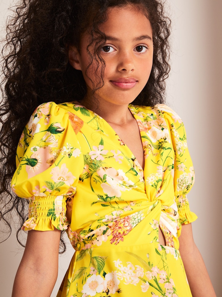 Lipsy Yellow Floral Knot Front Mini Dress - Image 4 of 4 Lipsy Yellow Floral Knot Front Mini Dress - Image 4 of 4