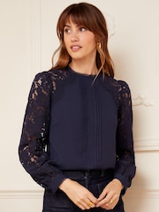 Love & Roses Navy Blue Tie Back Long Sleeve Lace Blouse - Image 1 of 4