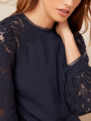 Love & Roses Navy Blue Tie Back Long Sleeve Lace Blouse - Image 2 of 4