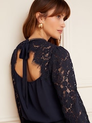 Love & Roses Navy Blue Tie Back Long Sleeve Lace Blouse - Image 3 of 4
