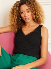 Love & Roses Black Petite V Neck V Back Woven Vest - Image 1 of 4