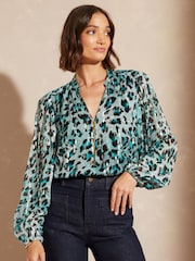 Love & Roses Blue Metallic Animal Petite Zip Front Mix Sheer Long Sleeve Blouse - Image 1 of 4