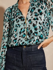Love & Roses Blue Metallic Animal Petite Zip Front Mix Sheer Long Sleeve Blouse - Image 2 of 4