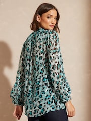 Love & Roses Blue Metallic Animal Petite Zip Front Mix Sheer Long Sleeve Blouse - Image 3 of 4