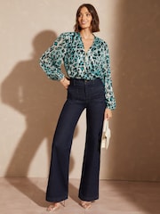 Love & Roses Blue Metallic Animal Petite Zip Front Mix Sheer Long Sleeve Blouse - Image 4 of 4