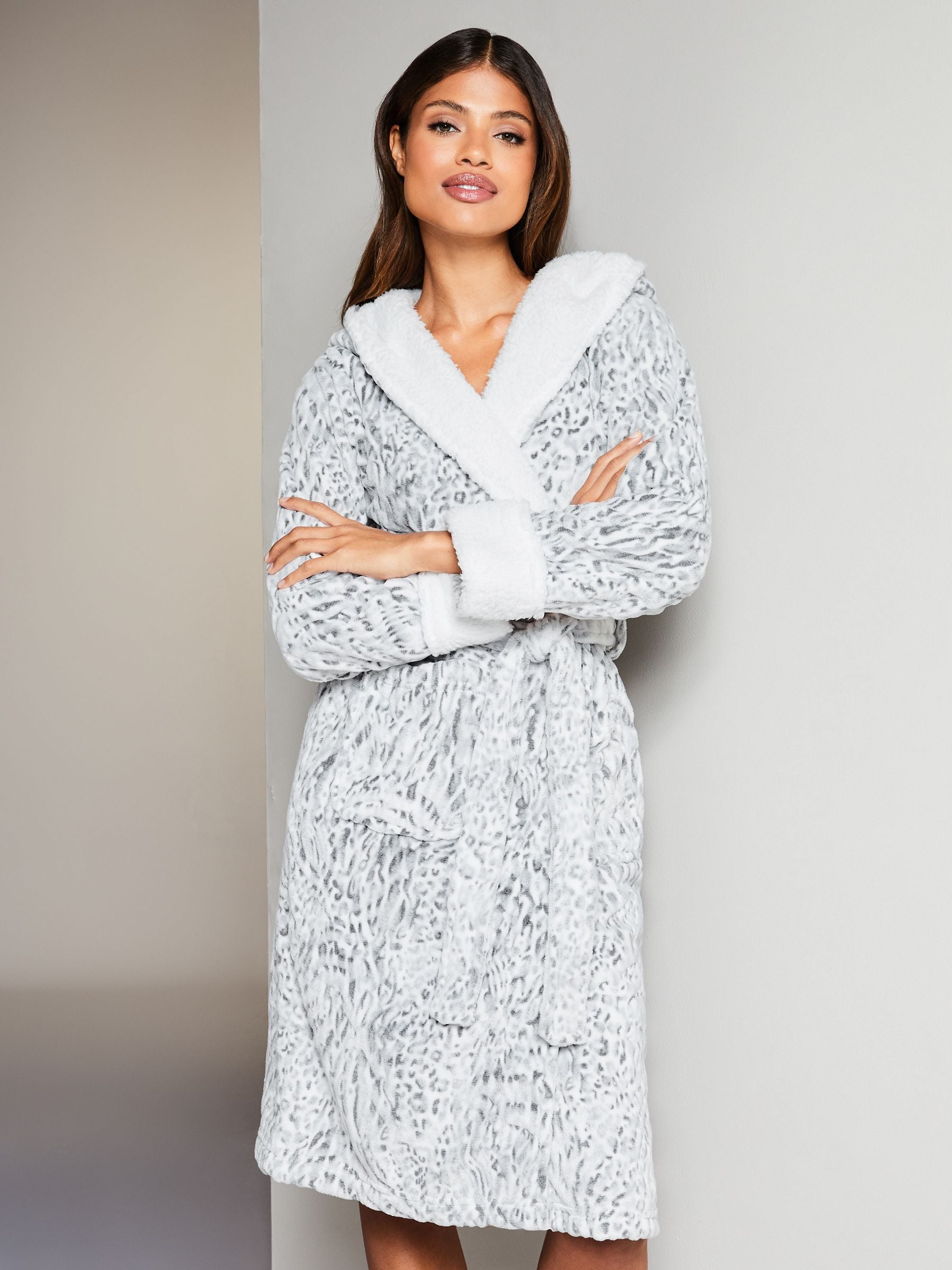 Buy Lipsy Grey Leopard Animal Cosy Borg Super Soft Dressing Gown from Next Luxembourg