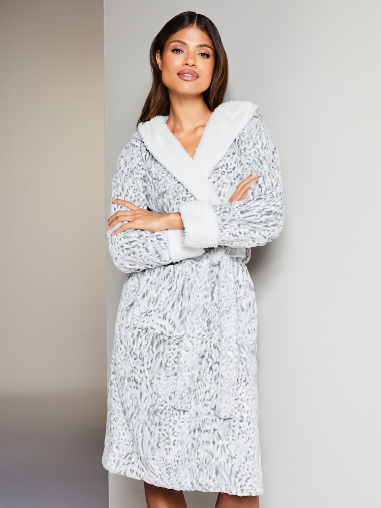 Lipsy Grey Leopard Animal Cosy Borg Super Soft Dressing Gown - Image 1 of 4