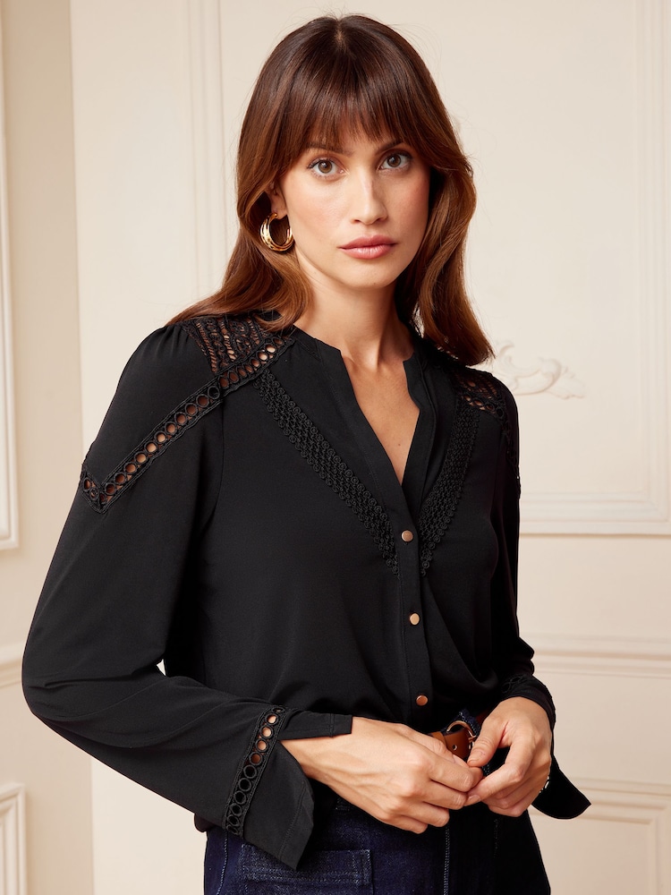 Love & Roses Black Jersey Lace Trim V Neck Button Through Shirt - Image 1 of 4