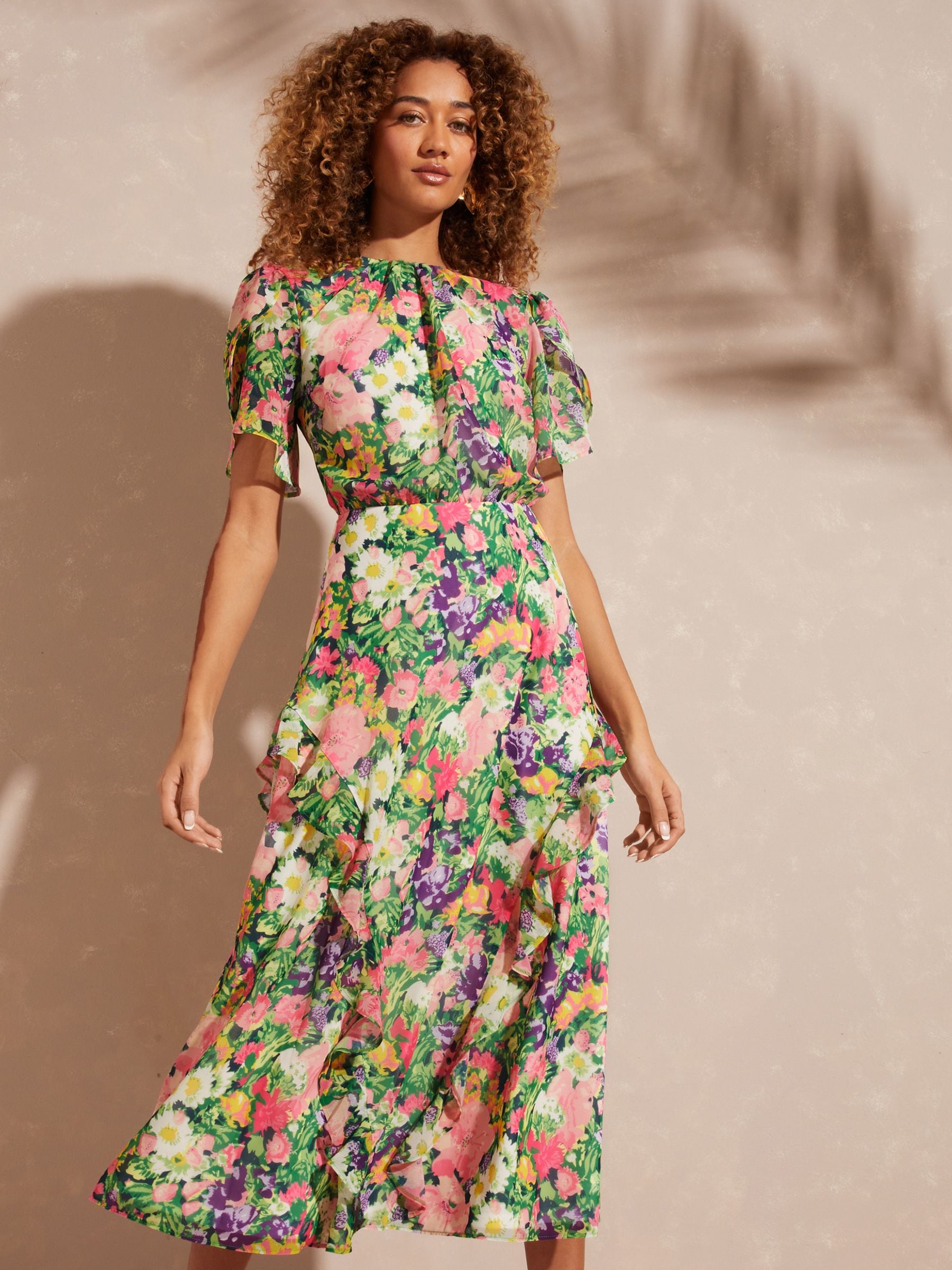 Buy Love Roses Ivory Floral Printed Flutter Sleeve Tiered Ruffle Midi Dress from Next Luxembourg
