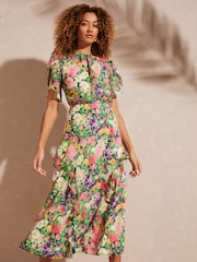 Love & Roses Ivory Floral Printed Flutter Sleeve Tiered Ruffle Midi Dress - Image 1 of 4
