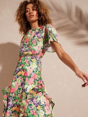 Love & Roses Ivory Floral Printed Flutter Sleeve Tiered Ruffle Midi Dress - Image 2 of 4