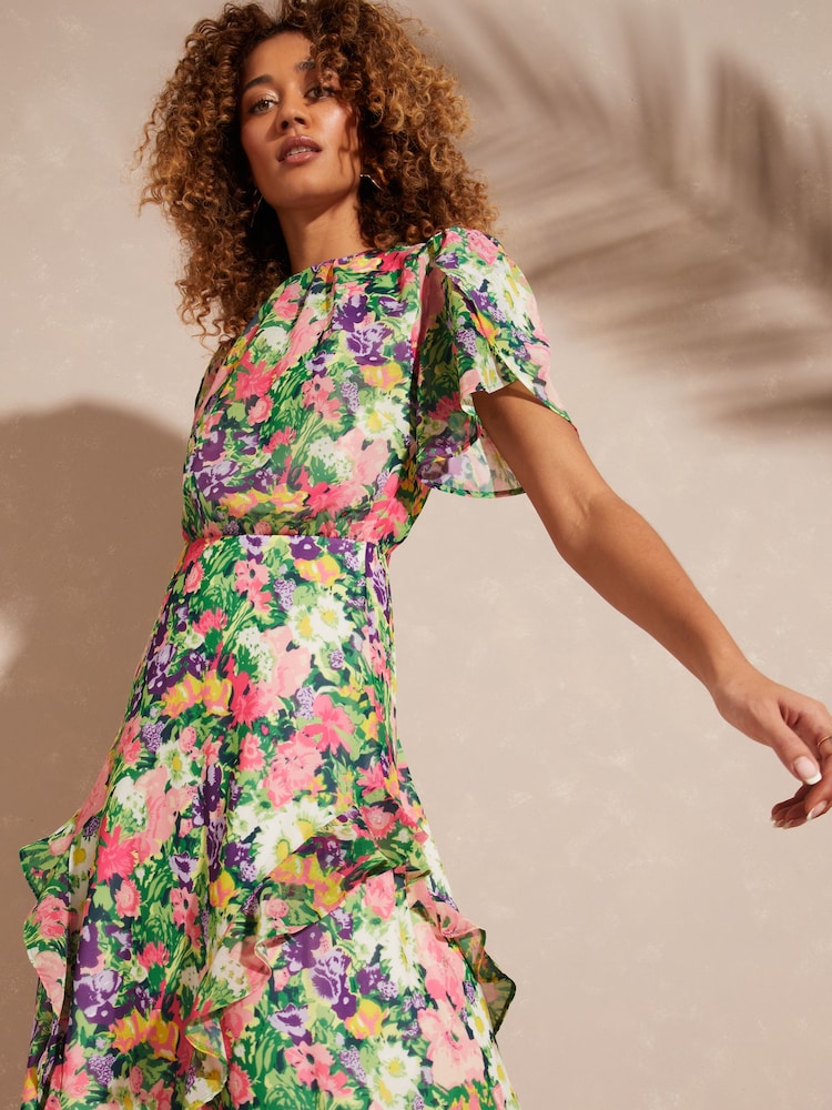 Love & Roses Ivory Floral Printed Flutter Sleeve Tiered Ruffle Midi Dress - Image 2 of 4