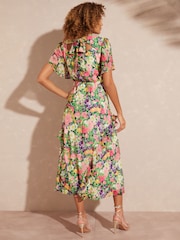 Love & Roses Ivory Floral Printed Flutter Sleeve Tiered Ruffle Midi Dress - Image 3 of 4