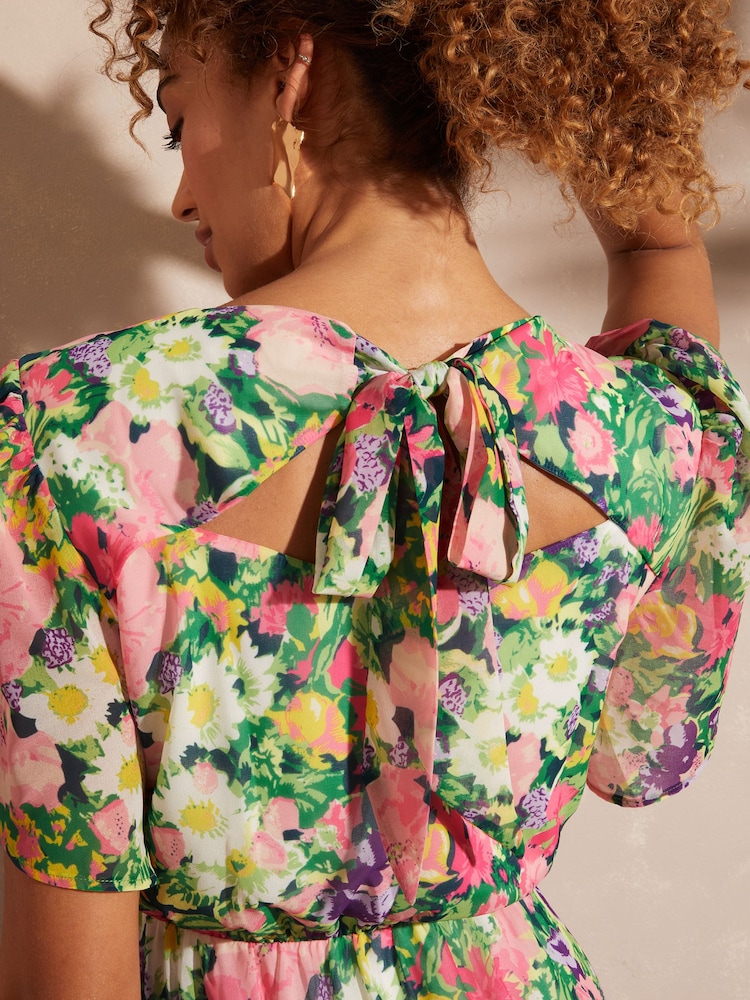 Love & Roses Ivory Floral Printed Flutter Sleeve Tiered Ruffle Midi Dress - Image 4 of 4