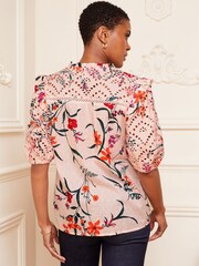 Love & Roses Nude Floral Broderie V Neck Ruffle Yoke Puff Sleeve Blouse - Image 3 of 4