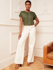 Love & Roses Green Woven Round Neck Roll Sleeve Lace Trim Bow Back Top - Image 2 of 4