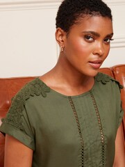 Love & Roses Green Woven Round Neck Roll Sleeve Lace Trim Bow Back Top - Image 3 of 4