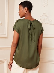 Love & Roses Green Woven Round Neck Roll Sleeve Lace Trim Bow Back Top - Image 4 of 4