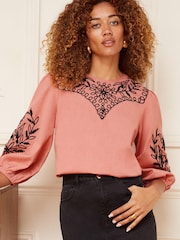 Love & Roses Pink Puff 3/4 Sleeve Applique Detail Blouse - Image 1 of 4