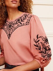 Love & Roses Pink Puff 3/4 Sleeve Applique Detail Blouse - Image 2 of 4