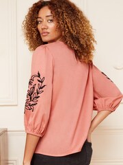 Love & Roses Pink Puff 3/4 Sleeve Applique Detail Blouse - Image 3 of 4