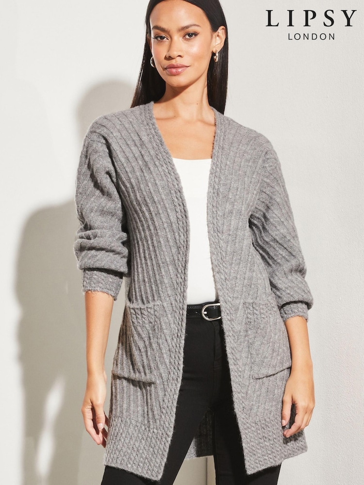 Lipsy Grey Mixed Cable Knit Cardigan - Image 1 of 4 Lipsy Grey Mixed Cable Knit Cardigan - Image 1 of 4