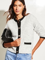 Lipsy Grey Crew Neck Button Through Boucle Cardigan - Image 1 of 4