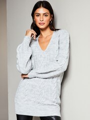 Lipsy Grey Longline Scoop Neck Cable Knitted Jumper - Image 1 of 4