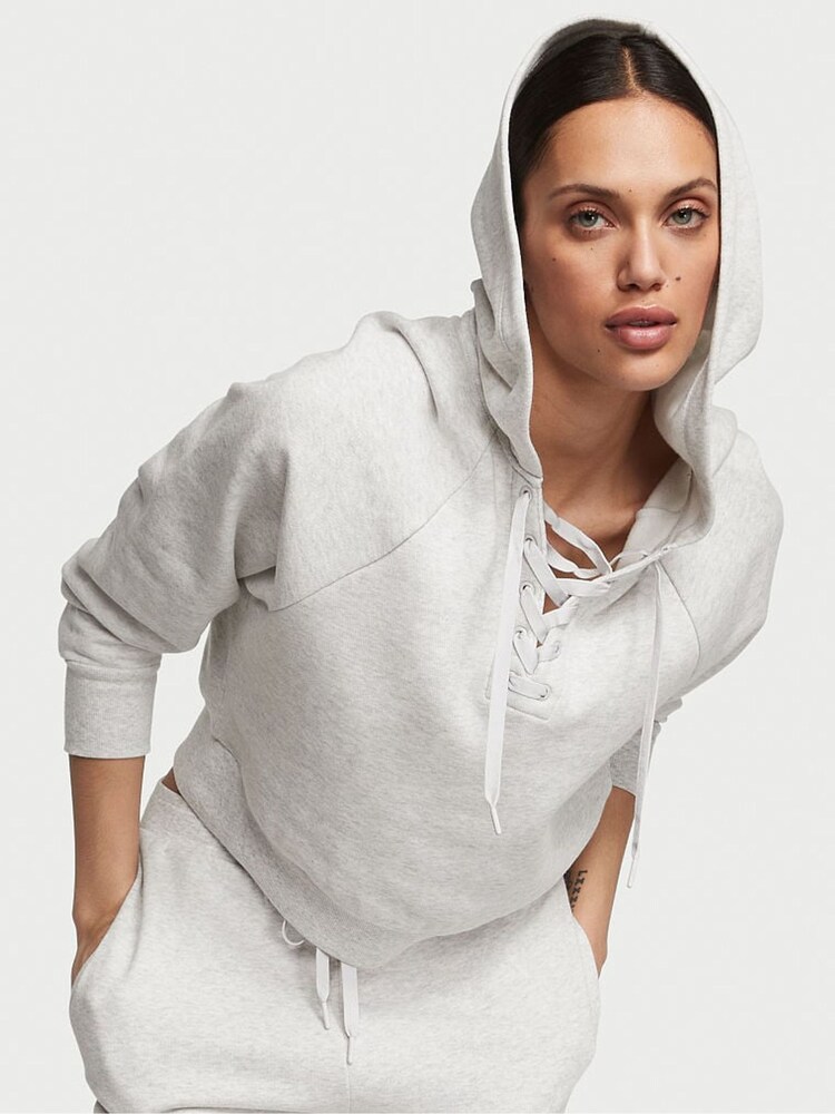 Victoria's Secret Snow Heather Grey Dahlia Lace Up Hoodie - Image 1 of 3
