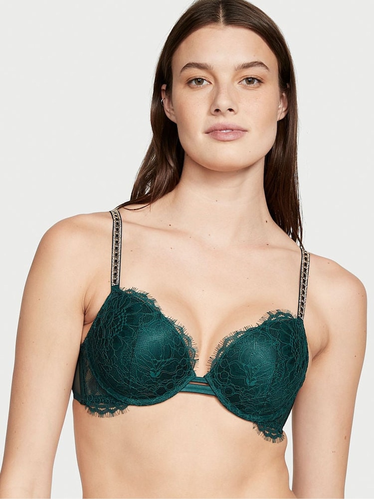 Victoria's Secret Black Ivy Green Lace Skinny Chain Shine Strap Push Up Bra - Image 1 of 1 Victoria's Secret Black Ivy Green Lace Skinny Chain Shine Strap Push Up Bra - Image 1 of 1