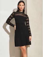 Lipsy Black Lace Fit and Flare Long Sleeve Knitted Dress - Image 1 of 4