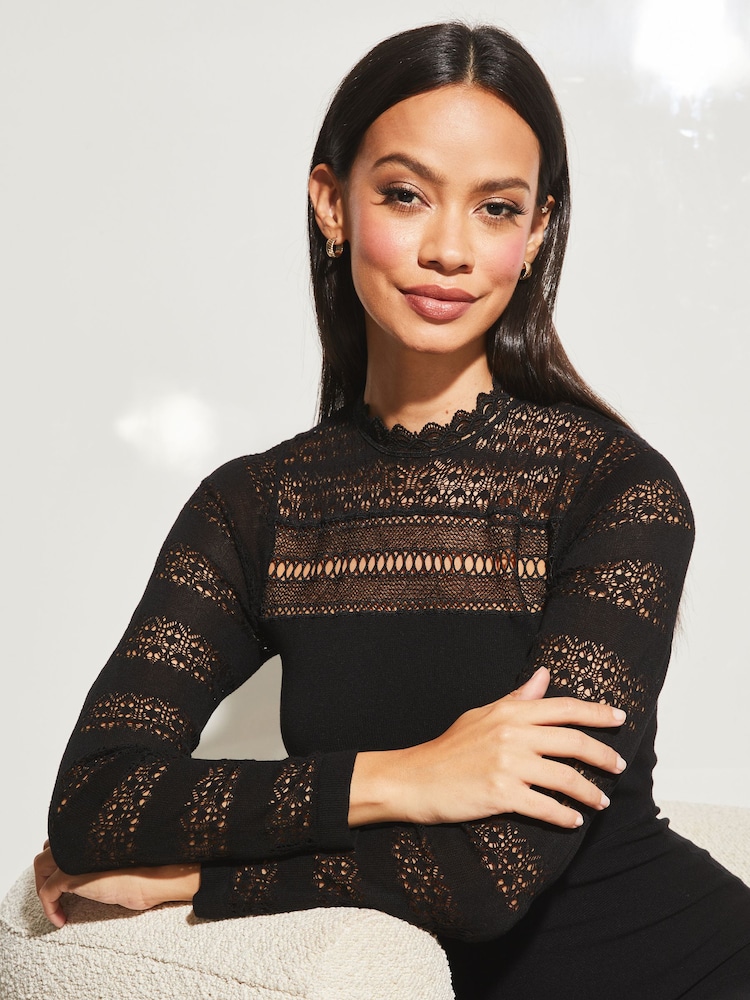 Lipsy Black Lace Fit and Flare Long Sleeve Knitted Dress - Image 4 of 4 Lipsy Black Lace Fit and Flare Long Sleeve Knitted Dress - Image 4 of 4