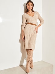 Lipsy Neutral V Neck Cable Knit Jumper Dress - Image 1 of 3