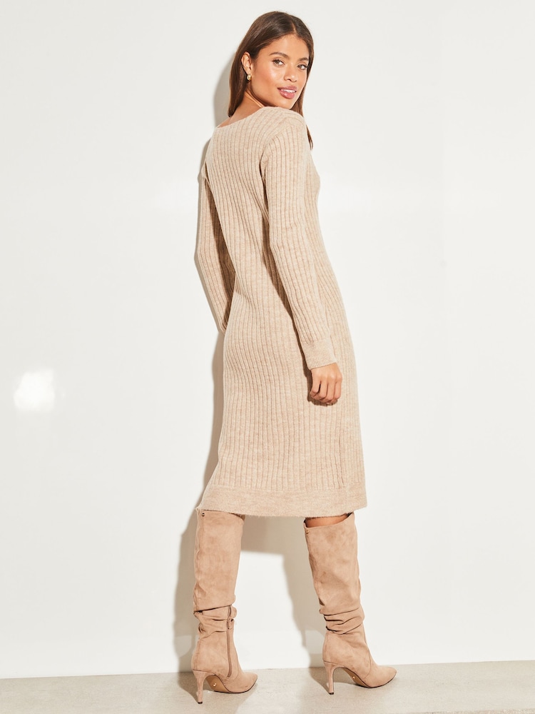 Lipsy Neutral V Neck Cable Knit Jumper Dress - Image 2 of 3