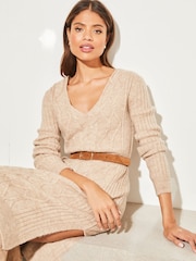 Lipsy Neutral V Neck Cable Knit Jumper Dress - Image 3 of 3