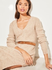 Lipsy Neutral V Neck Cable Knit Jumper Dress - Image 3 of 3