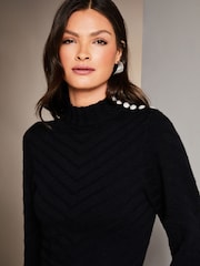 Lipsy Black High Neck Button Detail Long Sleeve Jumper Dress - Image 4 of 4