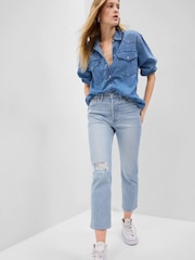 Gap Light Wash Blue High Waisted Ripped Straight Jeans with Washwell - Image 1 of 1