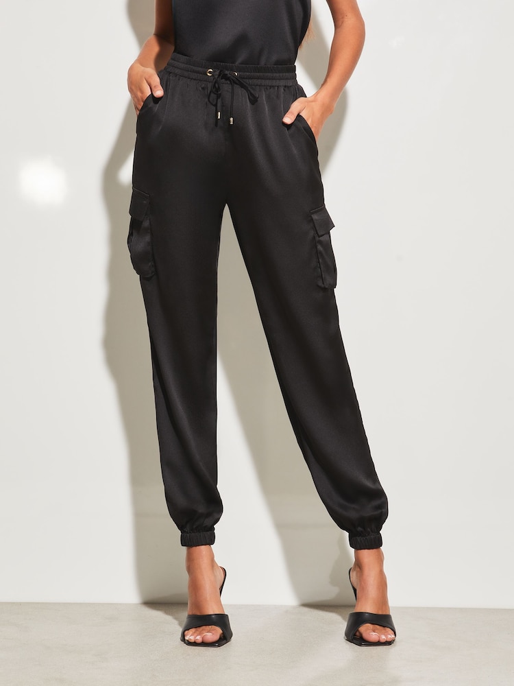 Lipsy Black Satin Cargo Pocket Cuffed Jogger - Image 1 of 4 Lipsy Black Satin Cargo Pocket Cuffed Jogger - Image 1 of 4