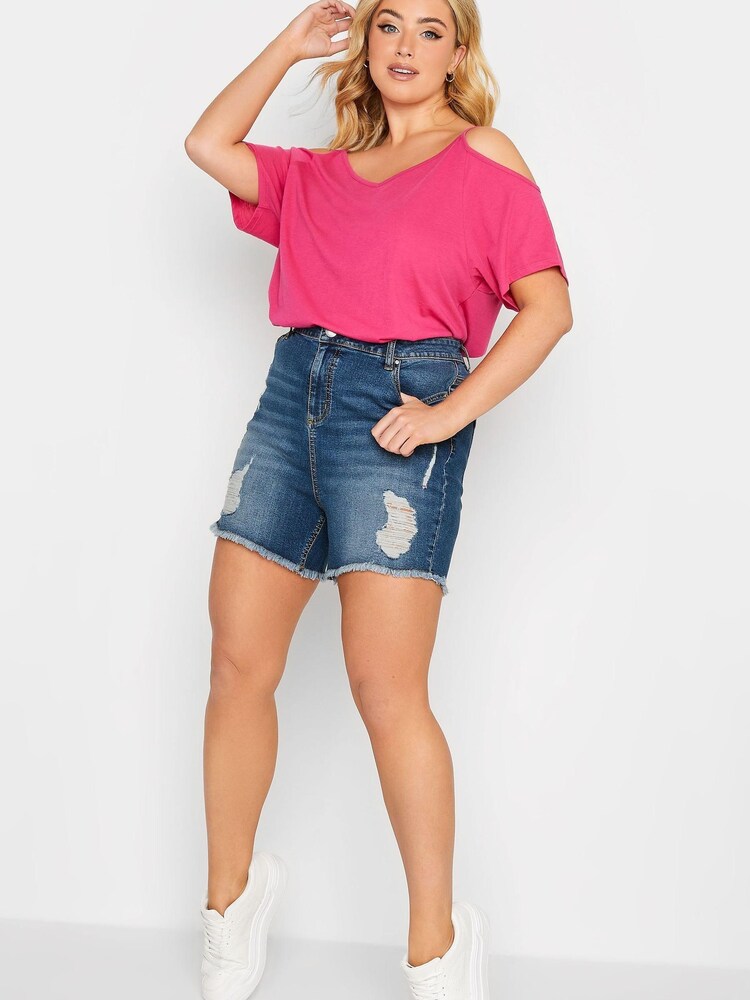 Yours Curve Dark Blue Ripped Denim Hotpant Shorts - Image 2 of 4