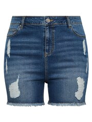 Yours Curve Dark Blue Ripped Denim Hotpant Shorts - Image 3 of 4
