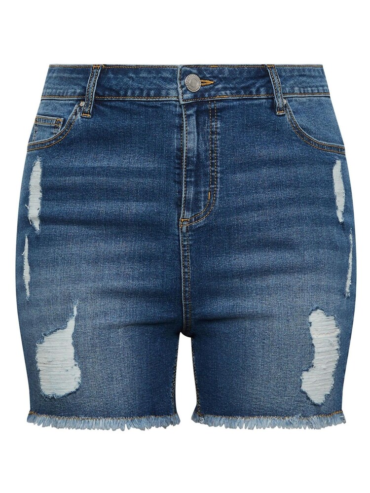 Yours Curve Dark Blue Ripped Denim Hotpant Shorts - Image 3 of 4