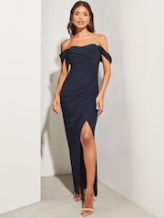Lipsy Navy Petite Bardot Split Drape Maxi Dress - Image 1 of 4