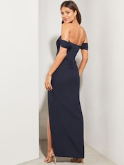 Lipsy Navy Petite Bardot Split Drape Maxi Dress - Image 2 of 4